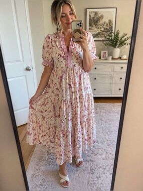 Umgee Floral Midi Dress Cream Contrast Trim Ruffle Lightweight Boho Dress S M L